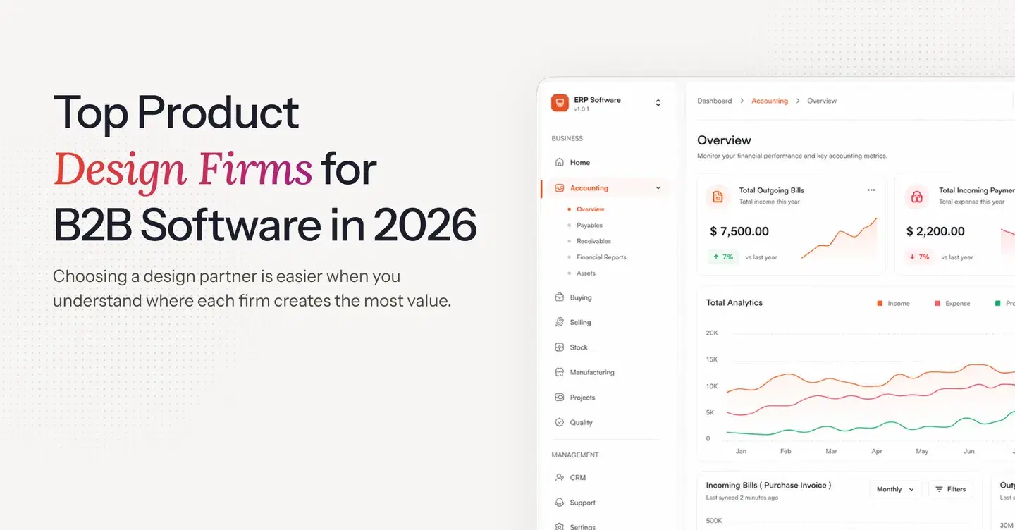 Top Product Design Firms for B2B Software in 2026, shown over a B2B enterprise software dashboard.